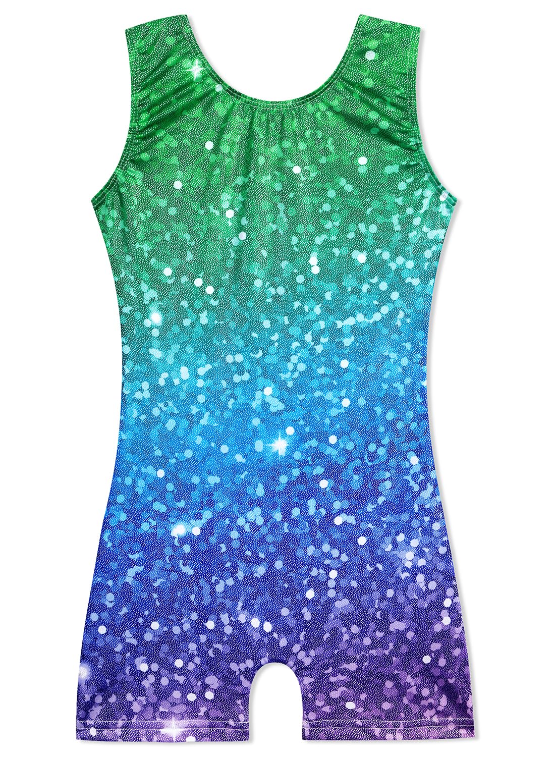 HOZIY Gymnastics Leotard with Shorts Sparkly Tumbling Outfits Biketard Teen Kids 9-10 Years Sleeveless Unitard Clothes Sparkle Blue Green Glitter