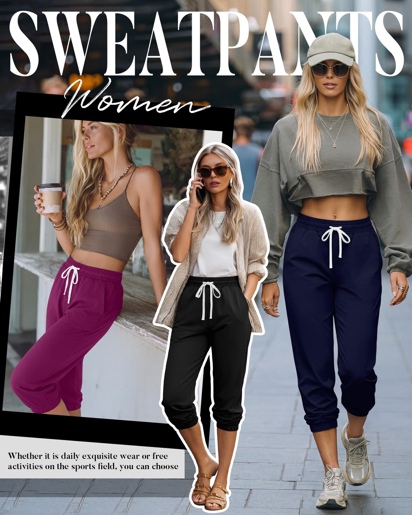 Ficerd 3 Pcs Women's Capri Sweatpants Joggers Casual Sports Cropped Lounge Pants High Waisted Athletic with Pockets (Black, Purple Red, Navy Blue,XLarge)
