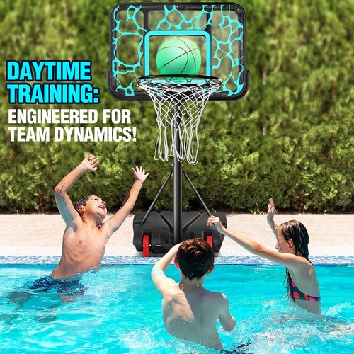 Pool Basketball Hoop Adjustable Swimming Pool Basketball - 7-Height Water Basketball Goals System with PC Shatterproof Backboard & 2 Balls, Outdoor Pool Accessories, Portable Basketball Hoop with LED