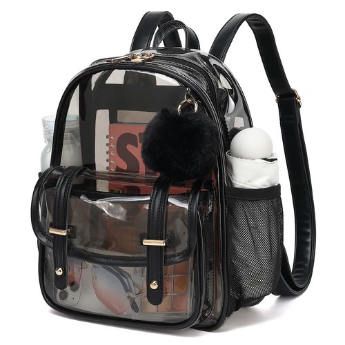QIXIHU Clear Backpack for Stadium Events, 12x 12x 6 Small Transparent Backpack PVC Mini See Through Bag for Women Girls for Concert Festival, Semi-Black