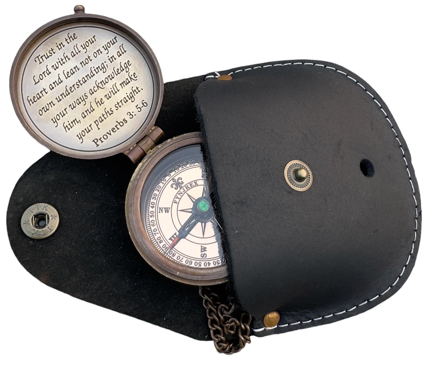 Proverbs 3: 5-6 Engraved Compass Gift for Men, Trust In The Lord Inscription Compasses Graduation Gift, Confirmation Gift, Baptism Religious Gift, Communion Survival Brass Compass With Leather Case