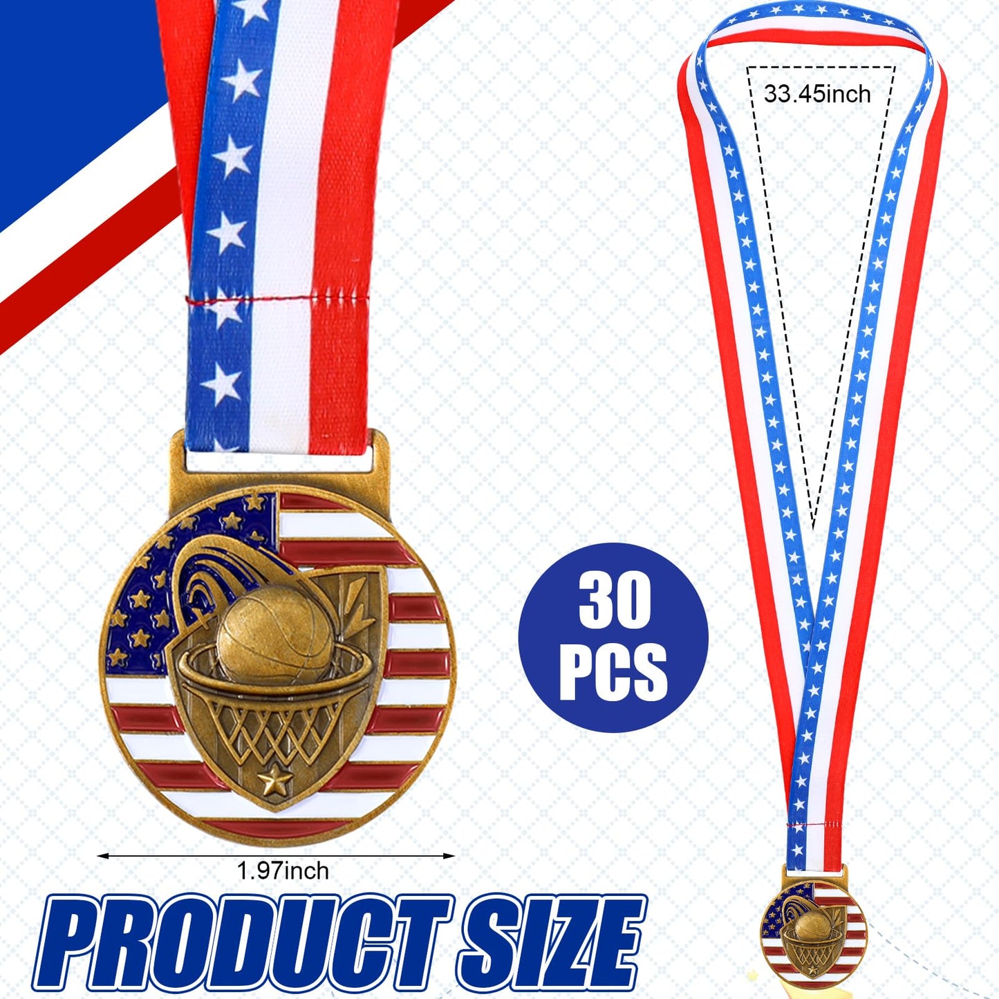 Loetere 30 Pieces Basketball Patriotic Medal Gold Medal Bulk Basketball Trophy with Neck Ribbon Spirit Medallion with Stars Stripes American Flag for Sports Trophy Participation Winner Gift
