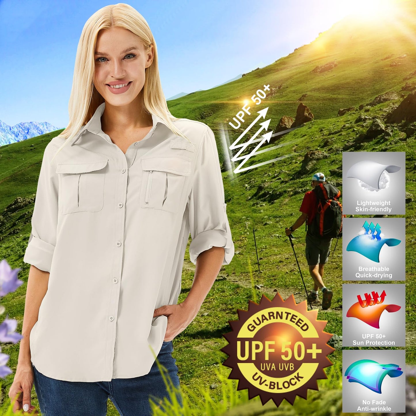 Toumett Women's UPF 50+ Long Sleeve UV Sun Protection Shirts, Fishing Hiking Travel Shirt,Breathable and Fast Dry(5071,Light Khaki,M)