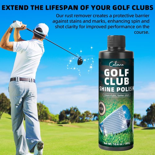 Calvana 10.5oz Golf Club Polish & Cleaner Kit, Instant Rust & Scratch Remover with 2 Stainless Steel Golf Cleaning Brushes & Microfiber Towel, Works on Drivers, Irons, Putters, Wood, Restores & Shines