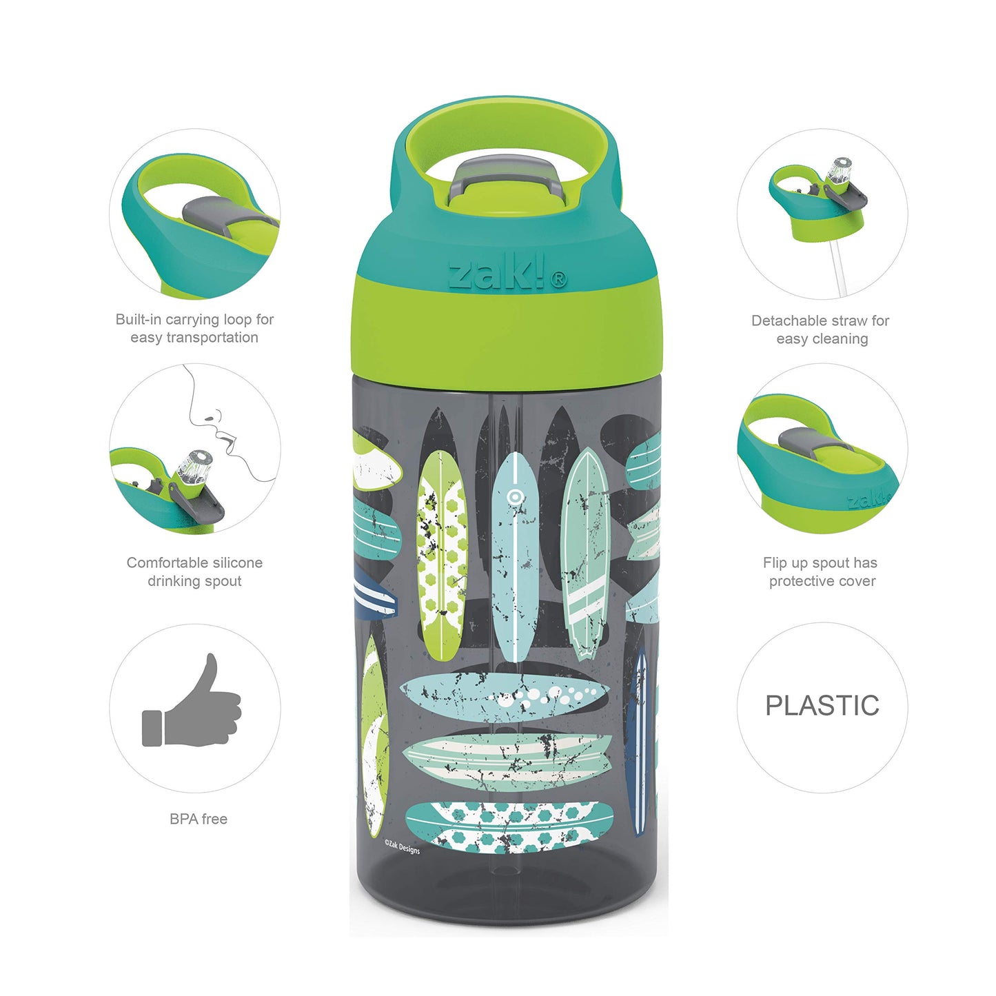 Zak Designs 16oz Riverside Beach Life Kids Water Bottle with Straw and Built in Carrying Loop Made of Durable Plastic, Leak-Proof Design for Travel, 2PK Set