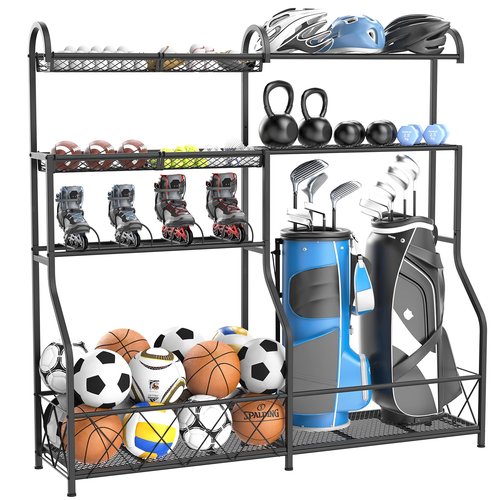 GUOHNHE Sports Equipment Organizer, Matel Ball Storage Garage, Large Golf Bag Rack with 4 Basket, Suitable for Gyms, Stadium and Playgrounds, Black, BST002B