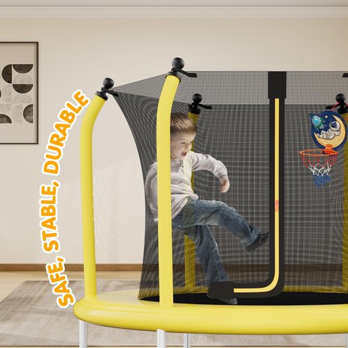 55" Toddler Trampoline for Kids with Safety Enclosure Net, 5FT Trampoline for Kids Indoor & Outdoor with Basketball Hoop, Birthday Gifts for Boy and Girl, Age 3-8