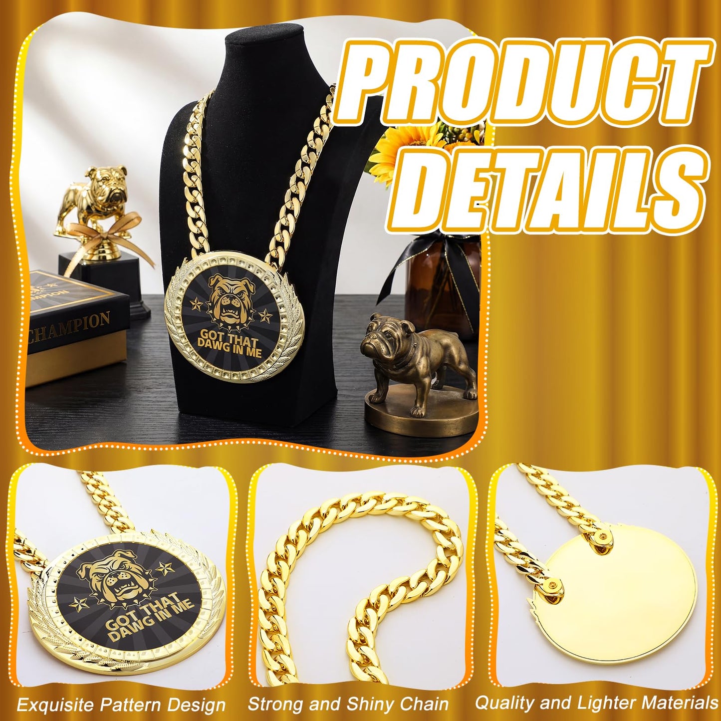 Tondiamo Sports MVP Turnover Chain Medal 6" Big Gold Champ Award Necklace Chain Baseball Basketball Football Soccer Softball Volleyball Competitions Prize Gifts Party Favors (Dog)
