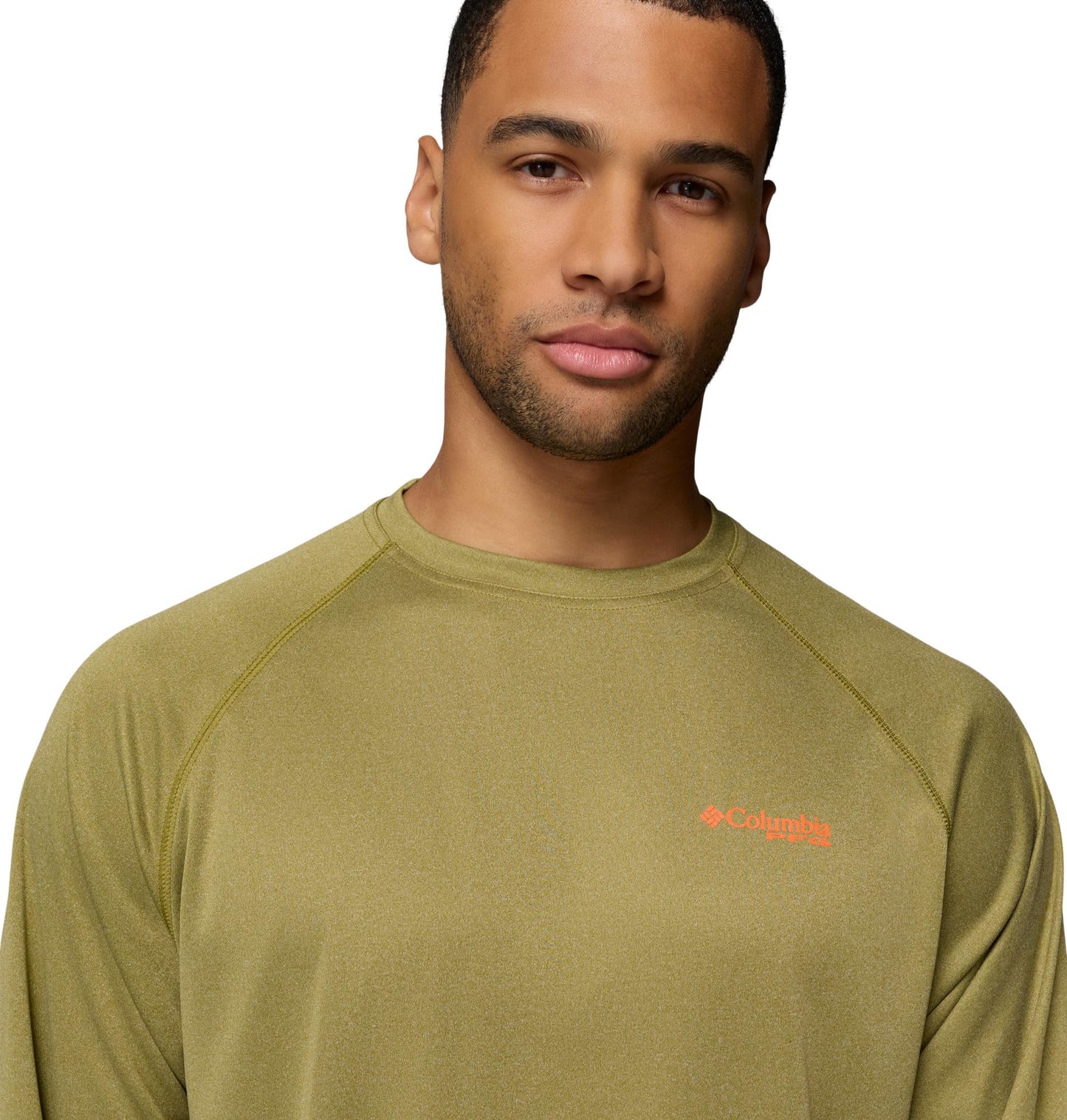 Columbia Men's PFG Terminal Tackle Long Sleeve Fishing Shirt, Grove Green Heather/Spark Orange Logo, 3X Tall