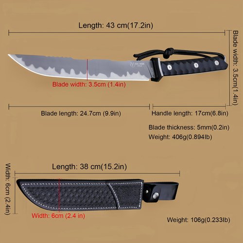 BA-KOR DC53 Full Tang 17.2in Survival Knife with Fire Starter, 5mm Thick Blade, Jungle Fixed Blade with Nylon Handle & Leather Sheath for Hunting, Camping, Bushcraft (Black (17.2in))