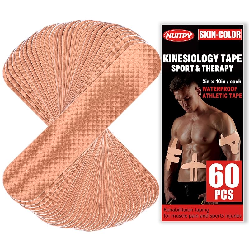 Kinesiology Tape Strips 60 Pcs Precut 2in x 10in Skin Color - Waterproof, Breathable Muscle Support