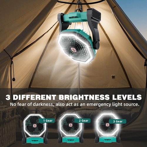 Roykaw Portable Fan for Travel, 10400 mAh Rechargeable Camping Fan, Cordless Battery Powered Fan with Led Light, with Handle, Hang Hook, Fishing, Green