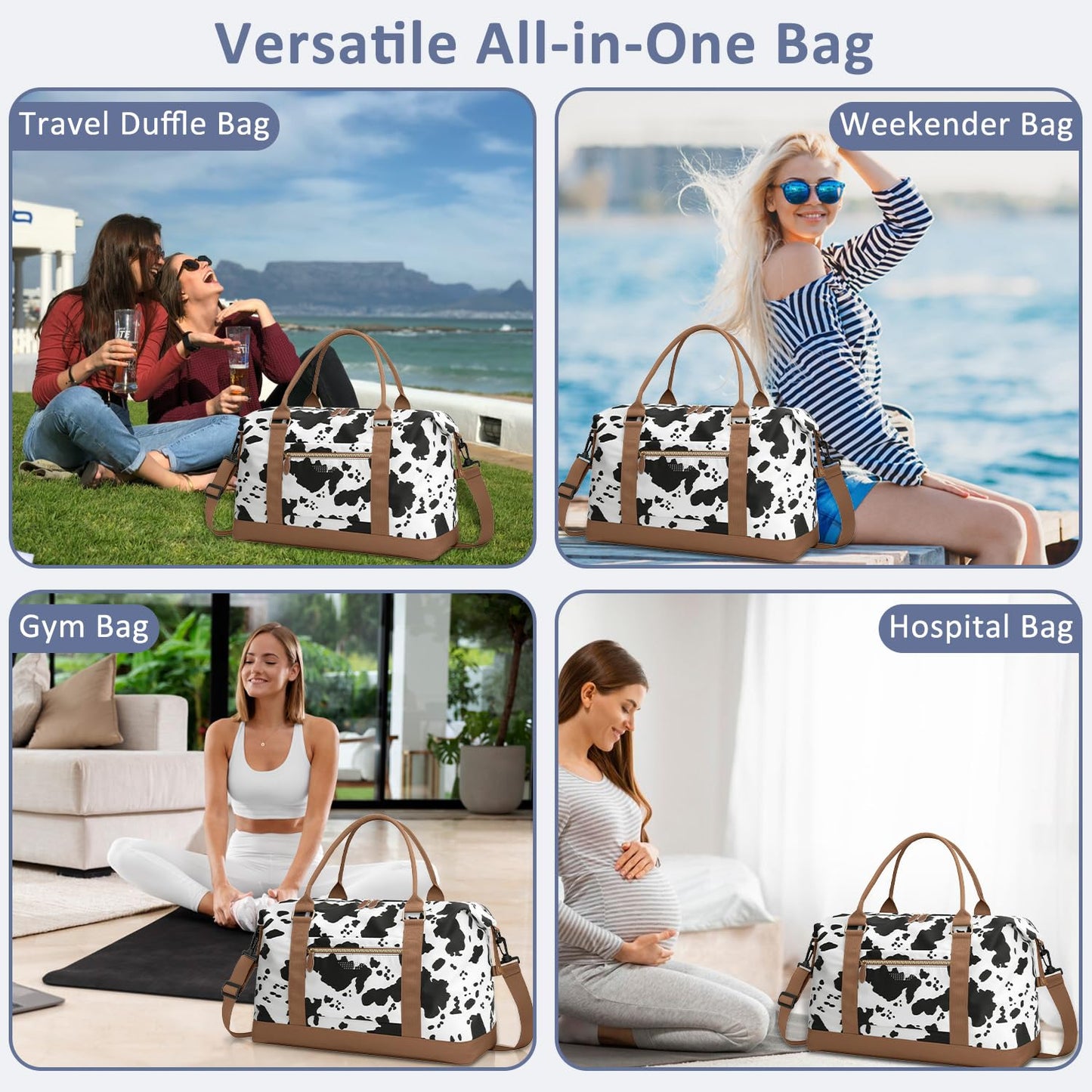 ELONGRIVER Travel Duffle Bag for Women, Weekender Bags, Hospital Bag for Labor Delivery, Lightweight Tote Duffel Overnight Bag with Luggage Sleeve, Airplane Travel Bags with Toiletry Bag, X-Large, Cow