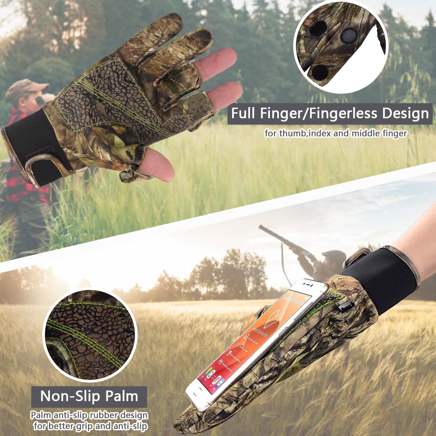 Favuit Camouflage Hunting Gloves, Lightweight Anti-Slip Full Finger Fingerless Touchscreen Camo Gloves Outdoor Tactical Hunting Gear Archery Accessories for Turkey Fishing Airsoft