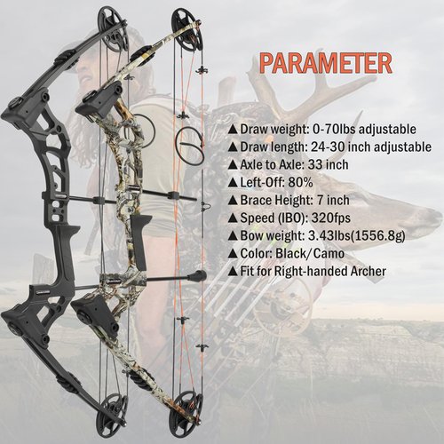 ZSHJGJR Archery Bowfishing Compound Bow Kit, 0-70lbs Adjustable,Ready to Fish Kit with Bowfishing Reel,Bow Fishing Arrows,Right Handed for Adult/Youth Fishing Hunting Target Shooting (Camo)