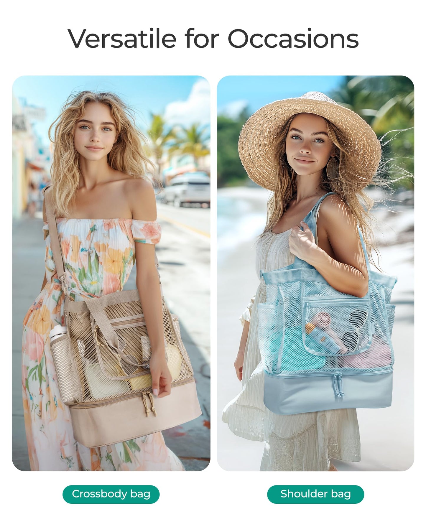 BAGSMART Beach Bag for Women, Mesh Tote Bags with Zipper, Sandproof Vacation Essentials with Cooler for Swim Cruise Pool, Camel