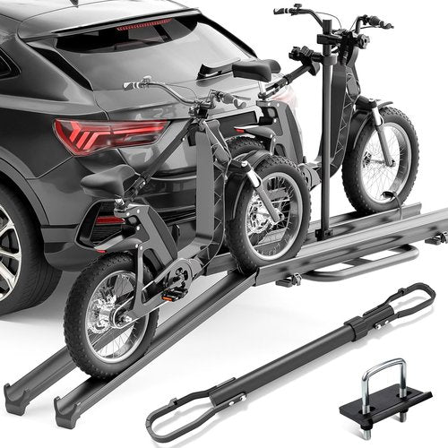 EYOUHZ 2 EBike Rack with Cross Bar, 5" Fat Tire Carrier, Lockable & Foldable Bike Racks with Ramp, 200 LBS Capacity Electric Bicycle Racks Platform, Fits 2" Standard Hitch for SUVs Cars Trucks Vans