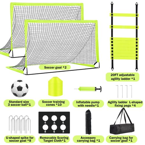 hoerlar Kids Soccer Goals for Backyard Set of 2-6x4 ft Portable Pop Up Soccer Nets Training Equipment Baseball Protective Screens with Soccer Ball, Ladder, Cones, Ideal Birthday