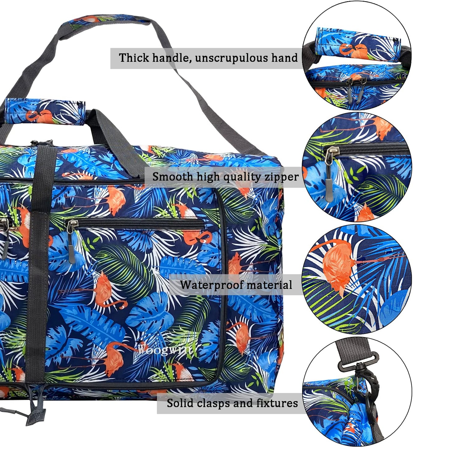 Woogwin Travel Duffel Bag Large Foldable Waterproof Overnight Bag for Beach Swim Bags Pool Sports Gym (Light Blue Leaf)