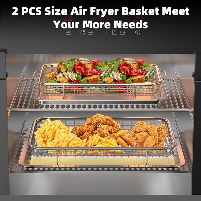 YEPATER 2-Piece Air Fryer Basket & Tray Set 15.7" x 11.6" & 12.8" x 9.6" with 60 Parchment Papers