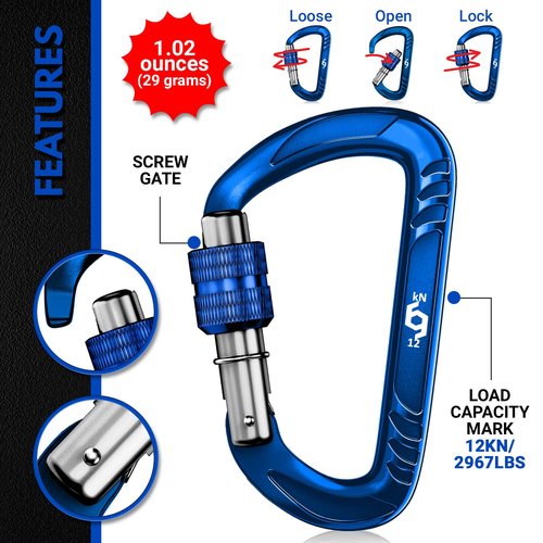 RHINO Produxs 12kN (2697 lbs) Heavy Duty, Locking, Auto Locking, Wiregate Carabiner Clips, for Securing Pets, Outdoor, Camping, Hiking, Hammock, Dog Leash Harness, Keychains