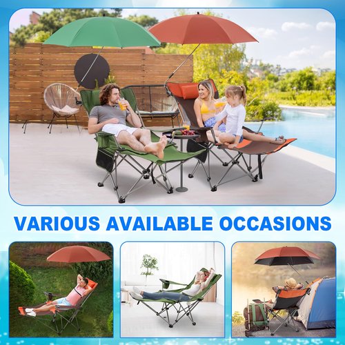 Yuntau 2 Set Reclining Camping Chair with Umbrella Clamp, Adjustable Beach Chair with Foot Rest, SPF 50+, Folding Shade Camping Lounger Recliner for Adult Outdoor(Orange,Green,Oxford)