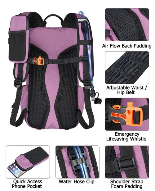 NOOLA Hydration Backpack with 3L Water Bladder - 22L Water Backpack for Hiking, Cycling, Running, Biking - Lightweight Hiking Pack Bag with Rain Cover, Phone Holder and Trekking Pole Holders, Purple