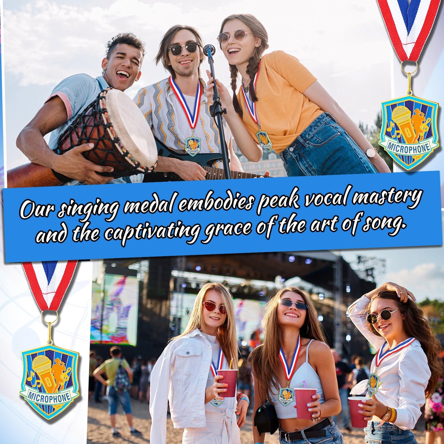 Loetere 12 Pcs Award Medals with Neck Ribbons 2.4 Inch Winner Medals Bulk Metal Award Prizes for Talent Shows Academic Competitions Tournaments Team Events(Microphone)