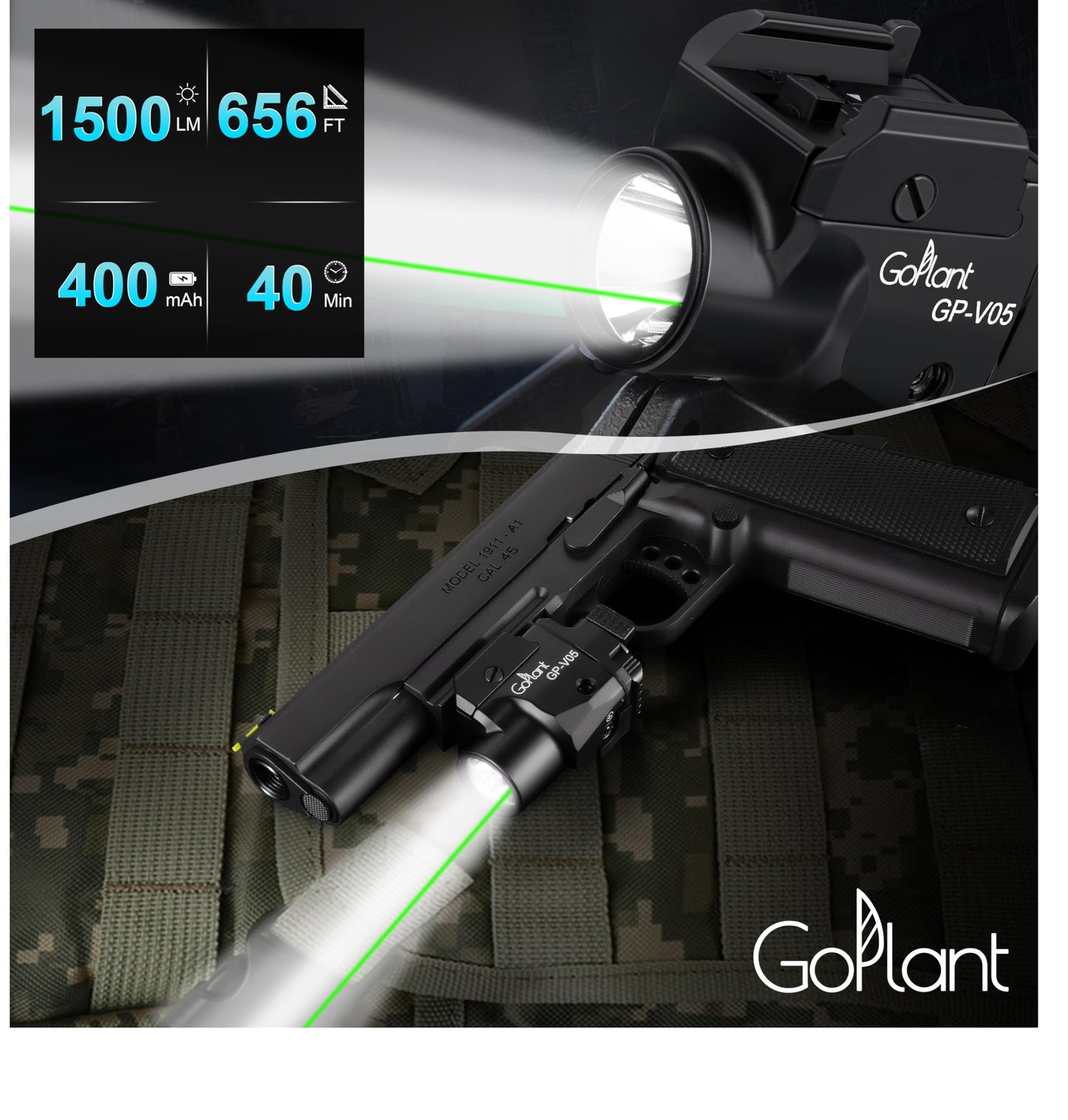 1500 Lumens Aircraft-Grade Aluminum Compact Pistol Flashlight, Picatinny Flashlights Laser Weapon Light, Subcompact Tactical Pistol Lights,Green Laser Light Combo For Handgun, Rechargeable Gun Laser