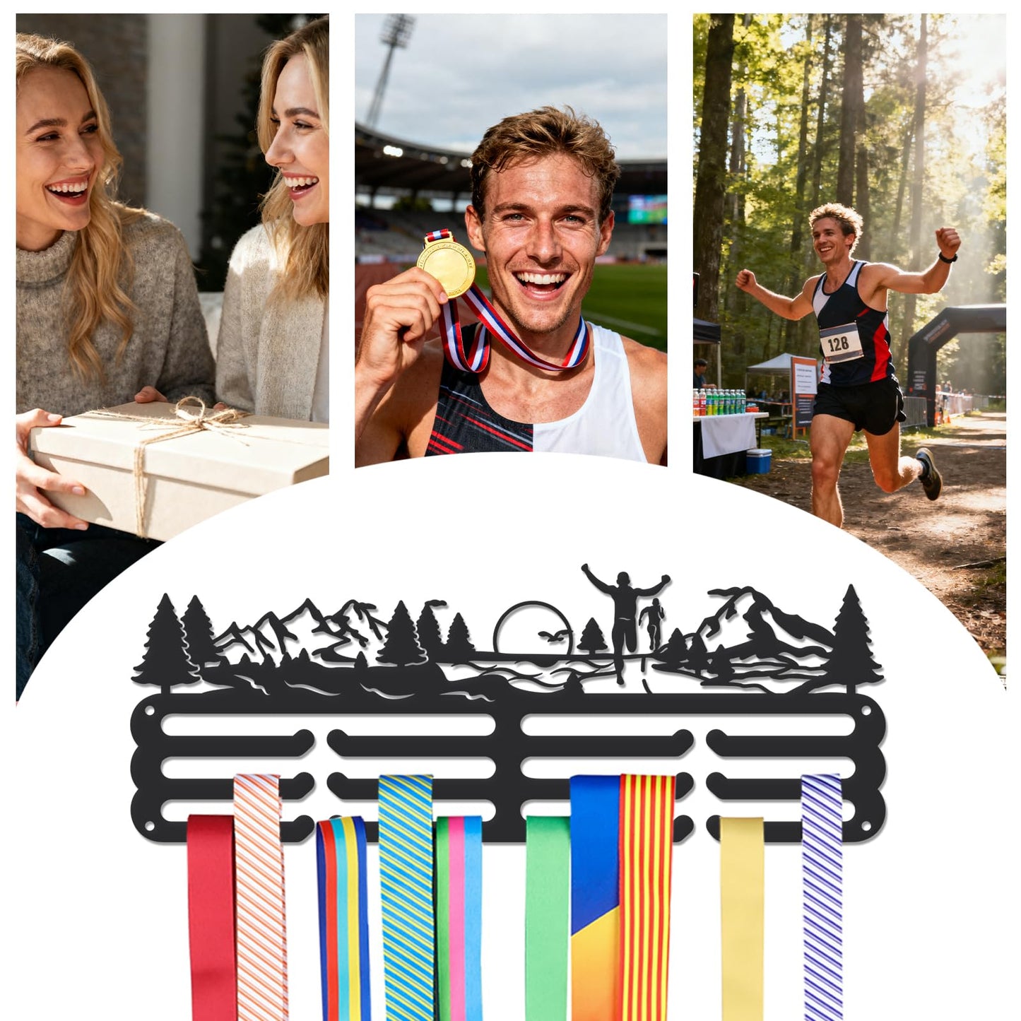 SUPERDANT 2PCS Running Medal Hanger Forest Run Medals Holder Personalised Award Black Metal Rack Wall Mount Sports Marathon Iron Holder Ribbon Display for Medal Hanging Gifts for Athlete Runners