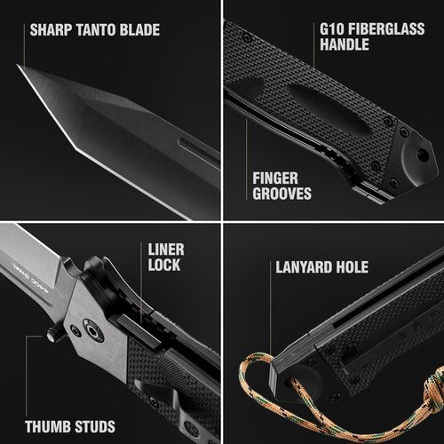 Spring Assisted Heavy Duty Pocket Knife for Men with G10 Handle & Pocket Clip - 3.5" Tanto Blade - Folding Tactical Self Defense Japanese Knives - for Hunting Camping Military Survival Work EDC 6688 B