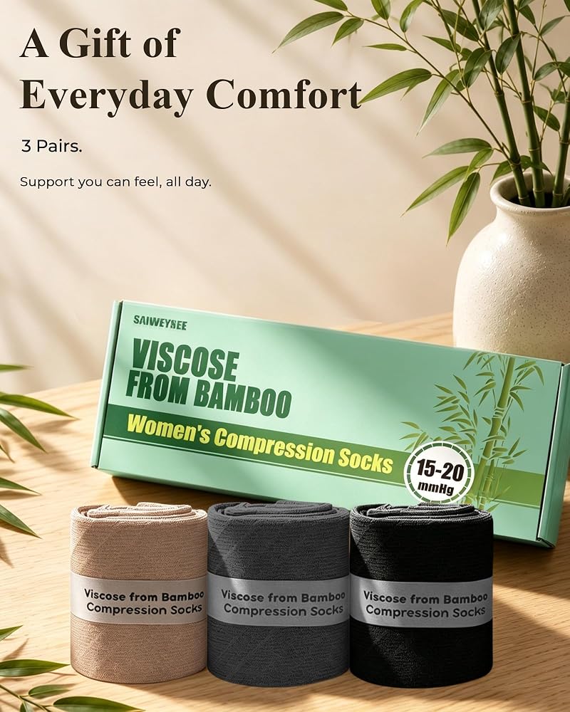 Compression Socks for Women 15-20 mmHg - Bamboo Viscose, 3-Pair Knee High, Black Gray Nude (Variation: Black-Gray-Nude Solid+Medium)