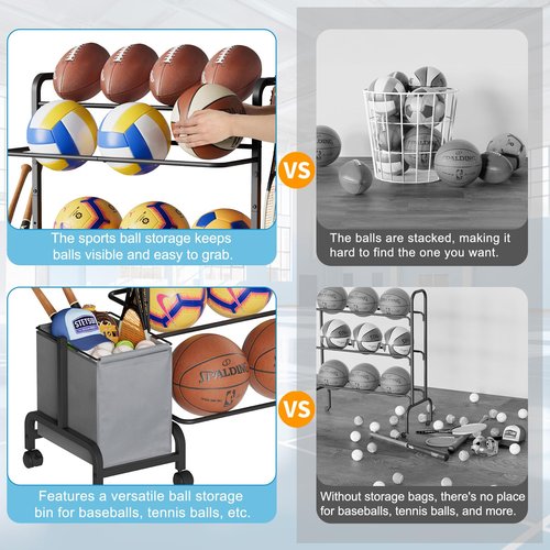 Ball Storage Rack, Adjustable Basketball Holder Display Stand with Ball Basket Bin Hooks, Outdoor Ball Cart with Wheels for Soccer Football Tennis Baseball, Sport Equipment Organizer for Garage Gym