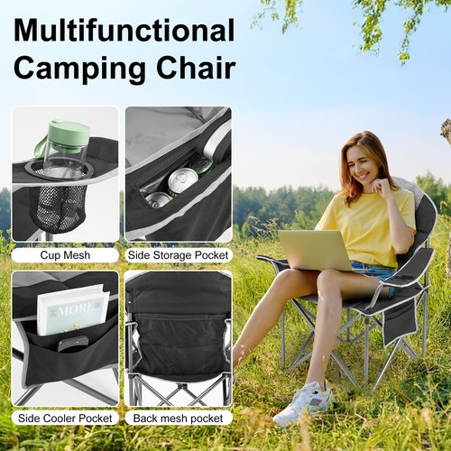 Elevon Oversized Camping Chair for Adults, Portable Folding Chair Heavy Duty, Support 500 LBS Steel Frame Padded Chair with Cup Holder Cooler Bag, Black