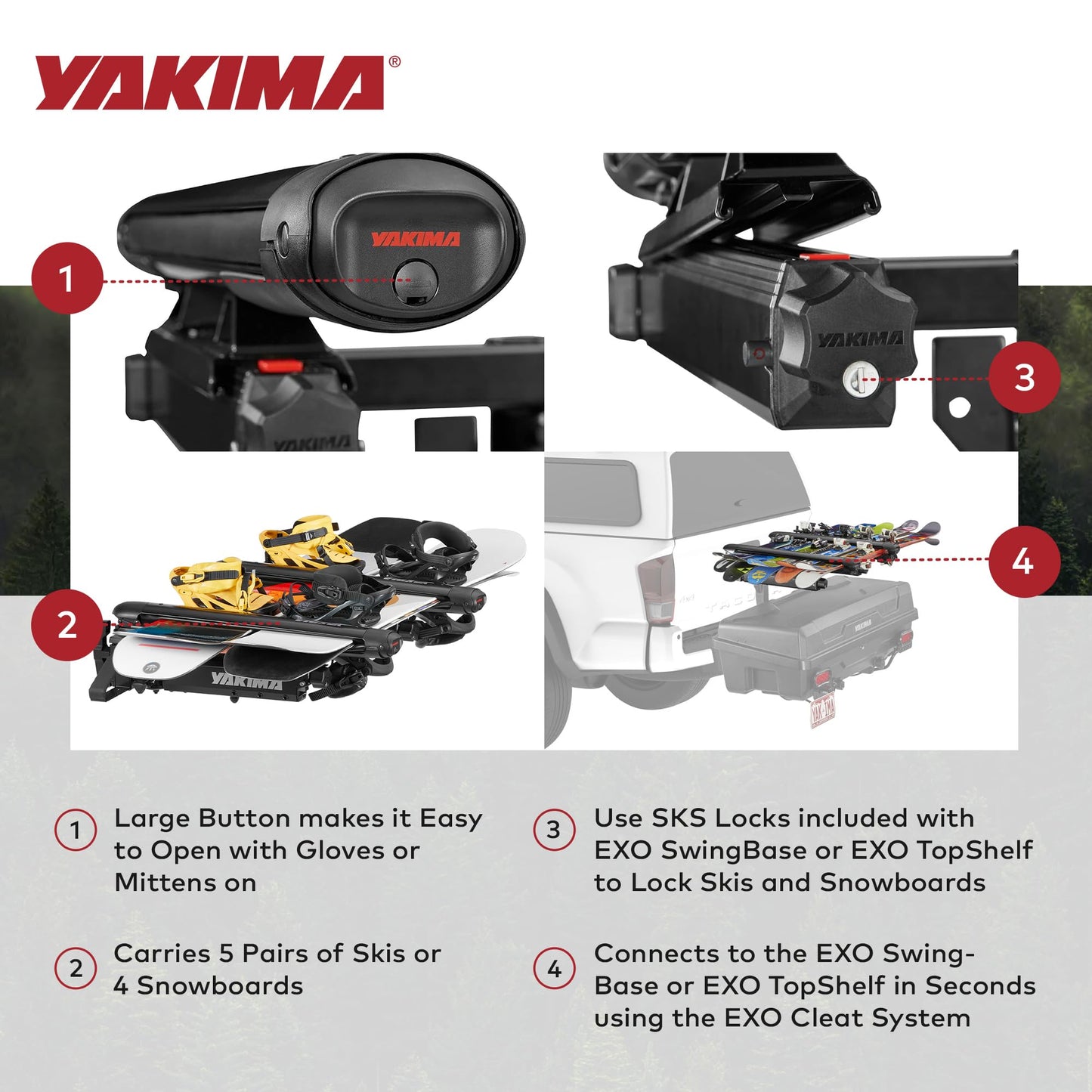 Yakima EXO SnowBank 5 Ski or 4 Snowboard Universal Car Mount Travel Roof Rack with Double Joint Hinge, SKS Lock, and 1 Button Access, Black