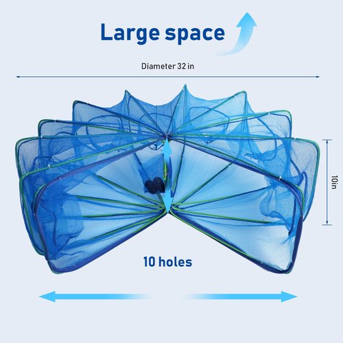 Folded Fish Trap, 10 Holes 10 Sides Crayfish Trap Fish Crab Traps with Nylon Rope for Catching Small Bait Eels Crab Lobster Minnows Shrimp