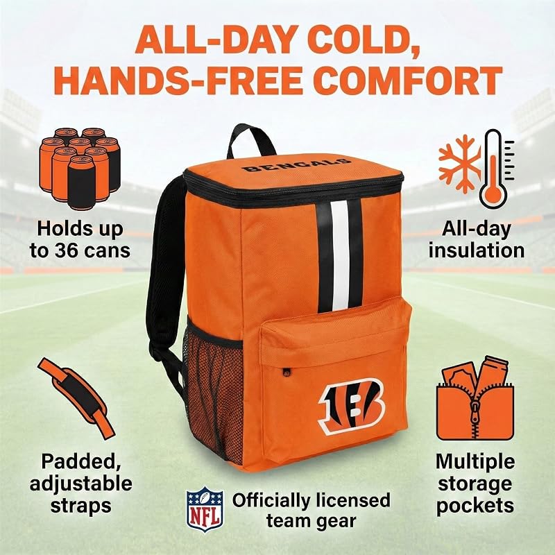 Cincinnati Bengals Cooler Backpack - 24L Insulated Team Gear Bag, Holds 36 Cans