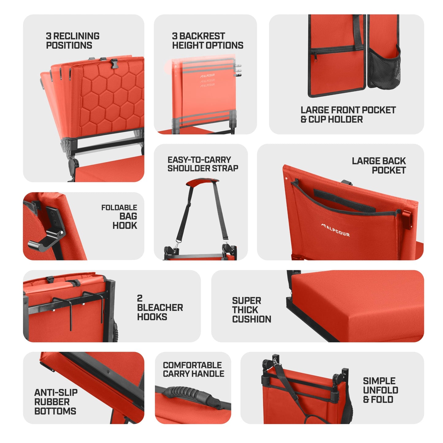 Folding Reclining Stadium Seats with Back Support for Bleachers, Bleacher Chairs with Back and Cushion Seating for Football, Camping Chair, Kayak Seat, Canoe, Paddle Board, Concerts, & Sports Events