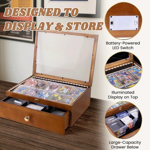 Card Display Case with Battery-Powered LED Strip, Graded Card Display, Sports Card Case, Holds 70+ Graded Cards, Wood Storage Box with Drawer, Dividers, Fits Toploader & Slabs