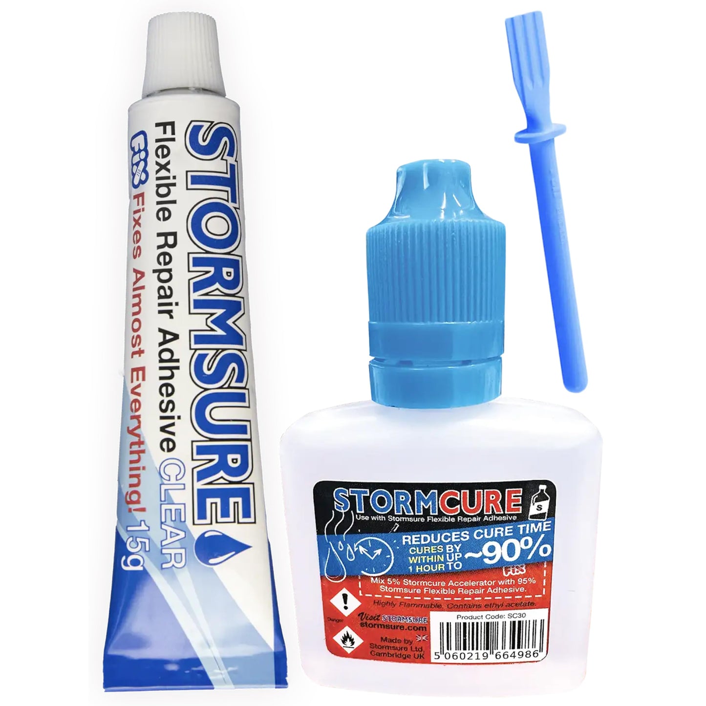 Stormsure Fast Curing Flexible Repair Adhesive - (15g) Clear + 30ml Stormcure Accelerator - 10 Times Faster Cure Without Compromising Bonding Strength