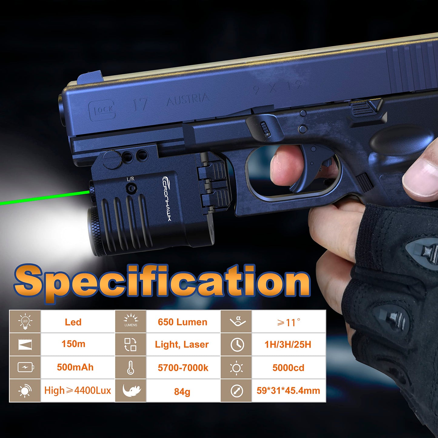 CRONHAWK Pistol Laser Light Combo 650 Lumen Rechargeable Tactical Green Laser Flashlight Combo Compatible with Picatinny 1913, Laser Class II