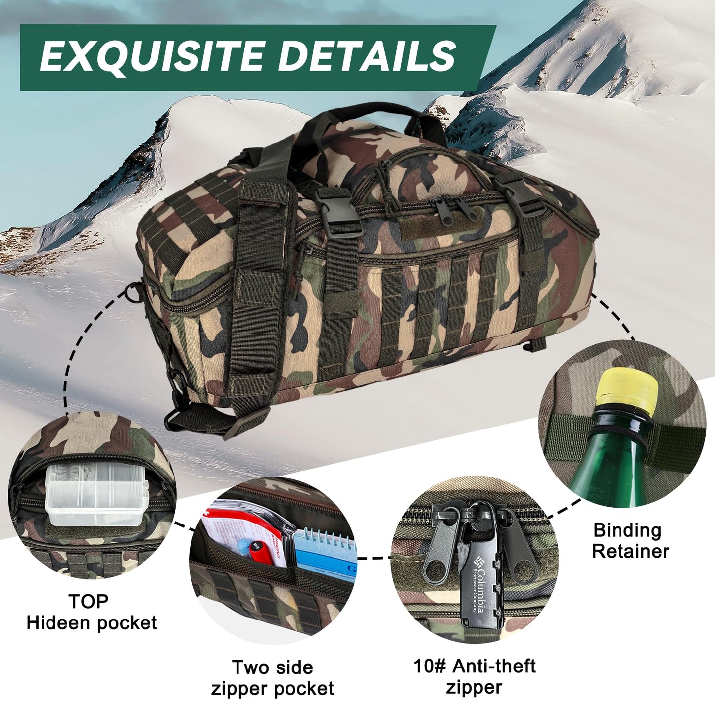 Hannibal Tactical 55L Large Duffle Bag, 3-in-1 Tactical Backpack MOLLE Pack for Sports, Gym, Outdoor, Woodland