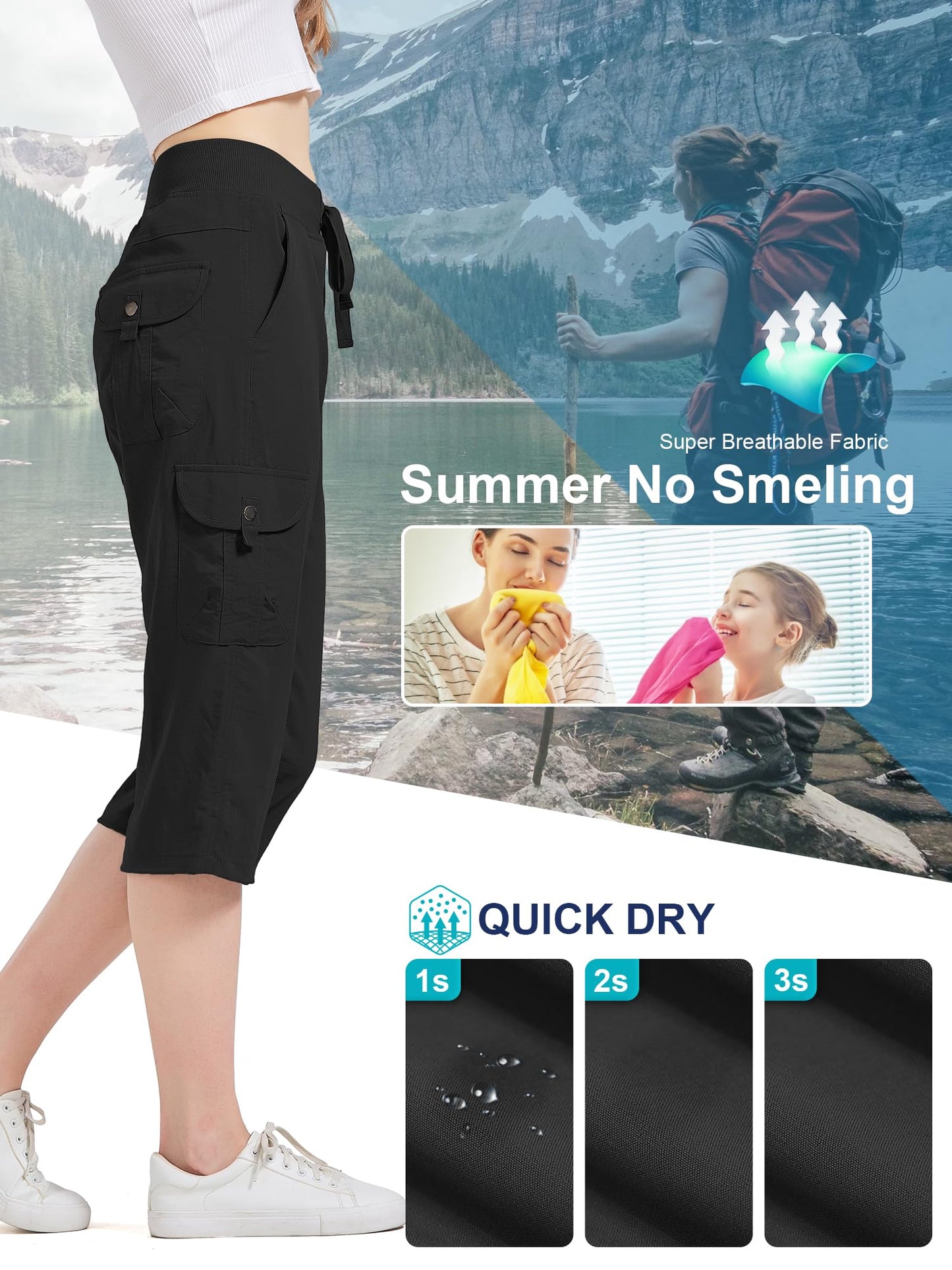 Toumett Women's Cargo Capris Hiking Pants Quick Dry Lightweight Outdoor Pants Casual Travel Comfy Cute Pockets(2032,Black,L)