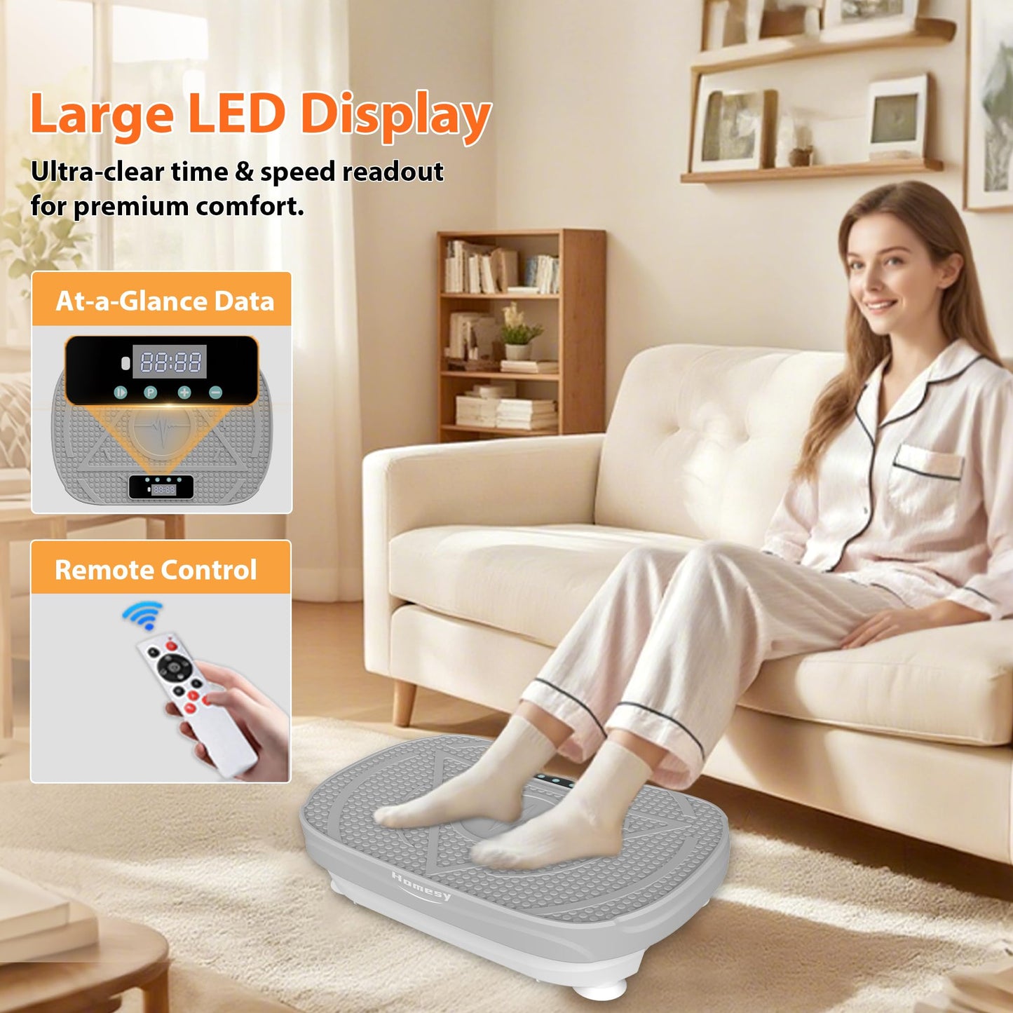 Homesy Vibration Platform Exercise Machine – Whole Body Workout, Fat-Burning & Lymphatic Support, Includes Remote and Resistance Bands, Shake Plate for Home Fitness and Fat Burning for Women Men, Grey