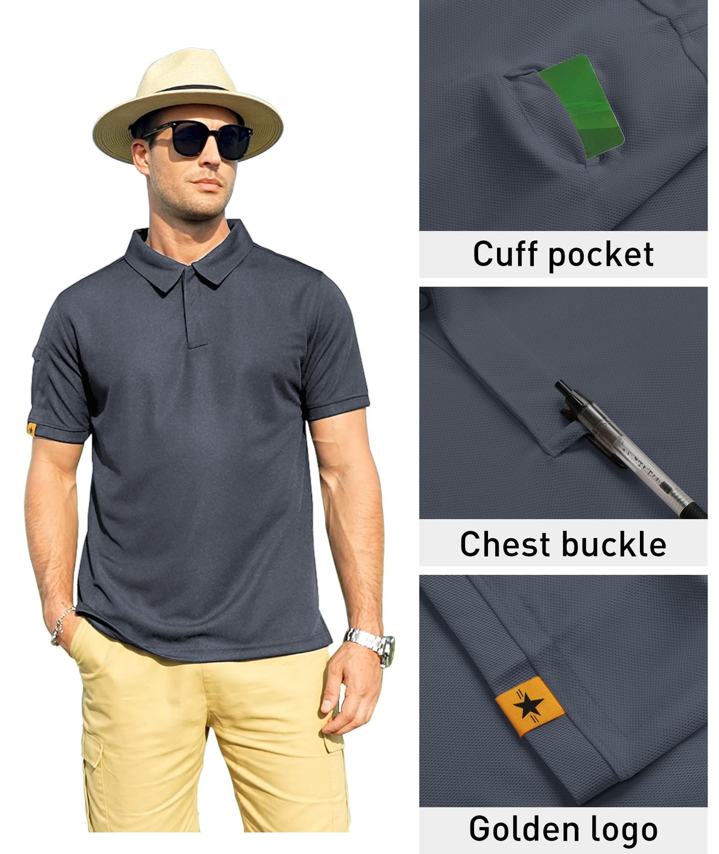 ZITY Mens Polo Shirt Short Sleeve Sports Tactical T-Shirt Athletic Golf Polos Daily Casual Stylish Collared Shirts for Men Grey X-Large