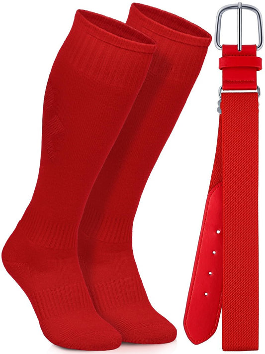 Gnodio Baseball Socks and Belt Combo Set Cotton Boys Adjustable Baseball Softball Socks and Belt for Boys Girls Red,S