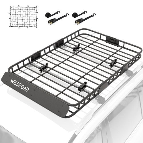 WILDROAD Car Roof Cargo Carrier Combo of Upgraded 64"x 39"x 4" Roof Rack Cargo Basket, Super Duty Bungee Cargo Net. Universal Car Top Luggage Holder Carrier Basket Fits for SUV Truck Cars
