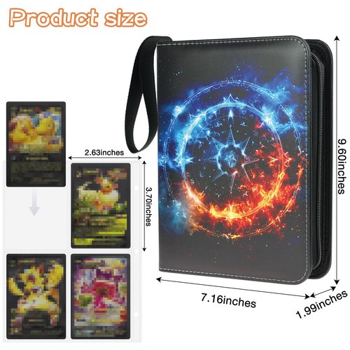 Trading Card Binder 4 Pocket, Collectible Trading Card Albums Fits 400 Cards with 50 Removable Sleeves,Waterproof Card Holder Album for TCG, MTG, Sports Cards(Fire & Ice Magic, 400P)