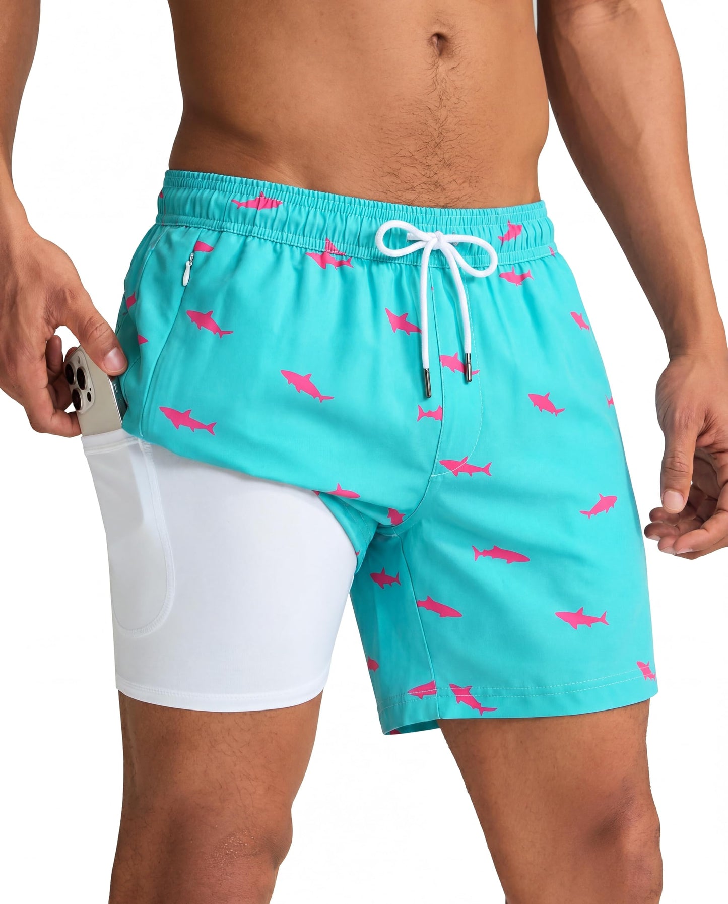 maamgic Mens Swim Trunks with Compression Liner 5 Inch, Quick Dry Bathing Suit with Zipper Pockets, Stretch No-Chafing Swim Shorts, SkyBlue-Pink Shark Medium