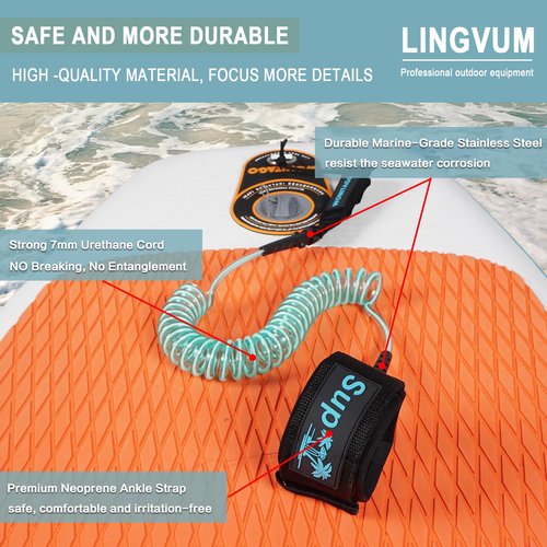 LINGVUM Coiled SUP Leash Premium Stand Up Paddle Board Leg Rope Wrist Strap Surfboard Leash for Paddleboard, Shortboard, Longboard